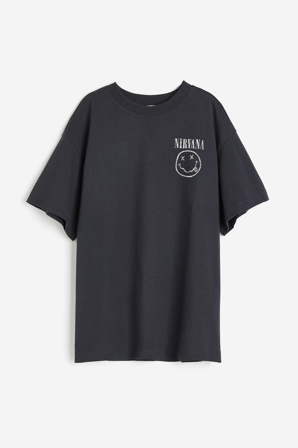 H&M Long Printed T-shirt Dark Grey/nirvana