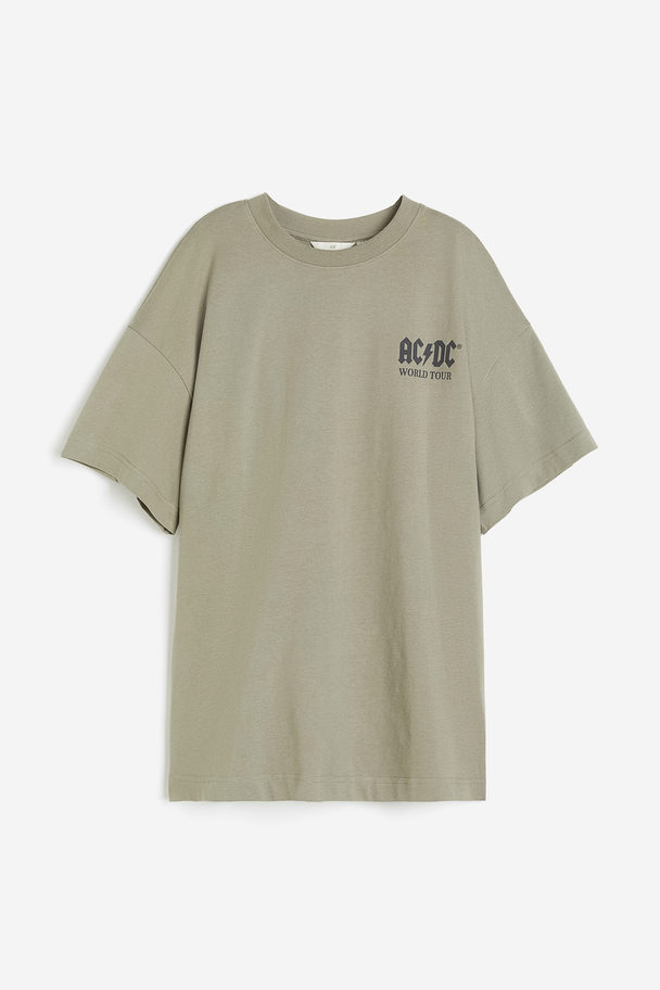 H&M Long Printed T-shirt Khaki Green/ac/dc