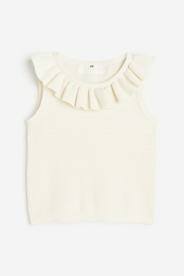 H&M Flounce-trimmed Knit Top White