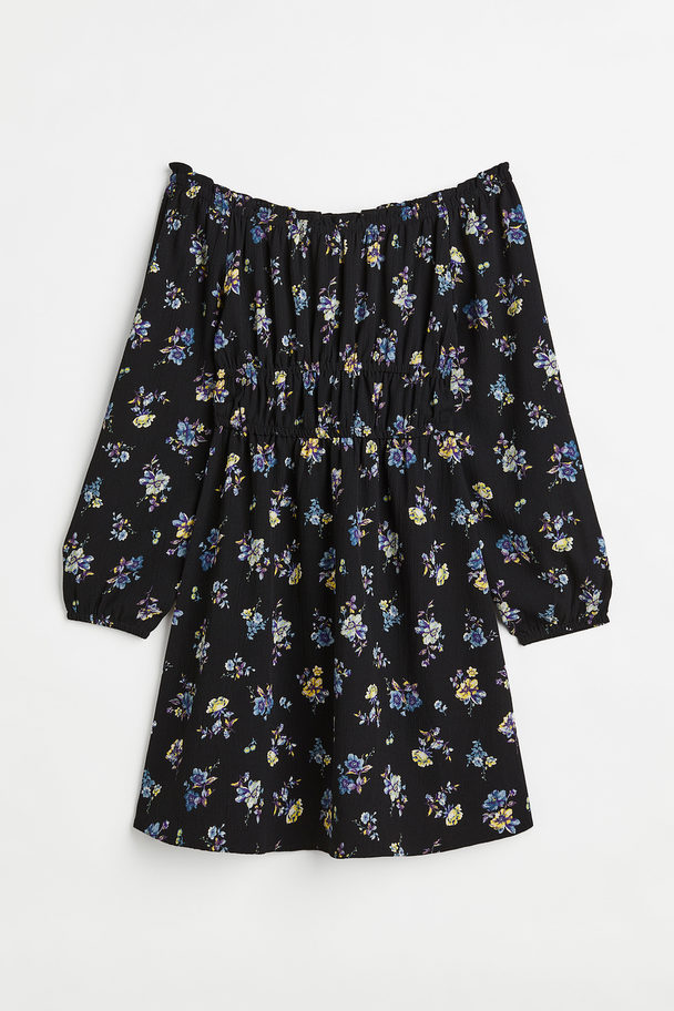 H&M Off-the-shoulder Dress Black/small Flowers