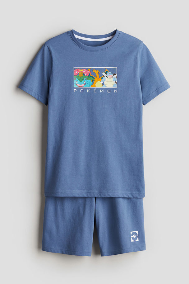 H&M Pyjamas Med T-shirt Og Shorts Tåkeblå/pokémon