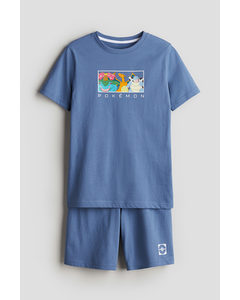 Pyjamas Med T-shirt Og Shorts Tåkeblå/pokémon