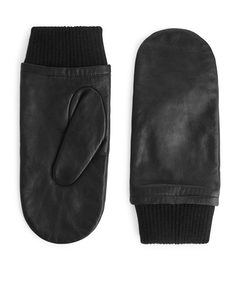 Wool-lined Leather Mittens Black