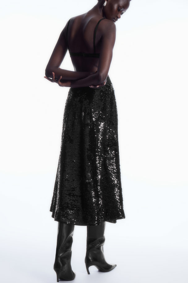 COS Floral-patterned Sequinned Midi Skirt Black