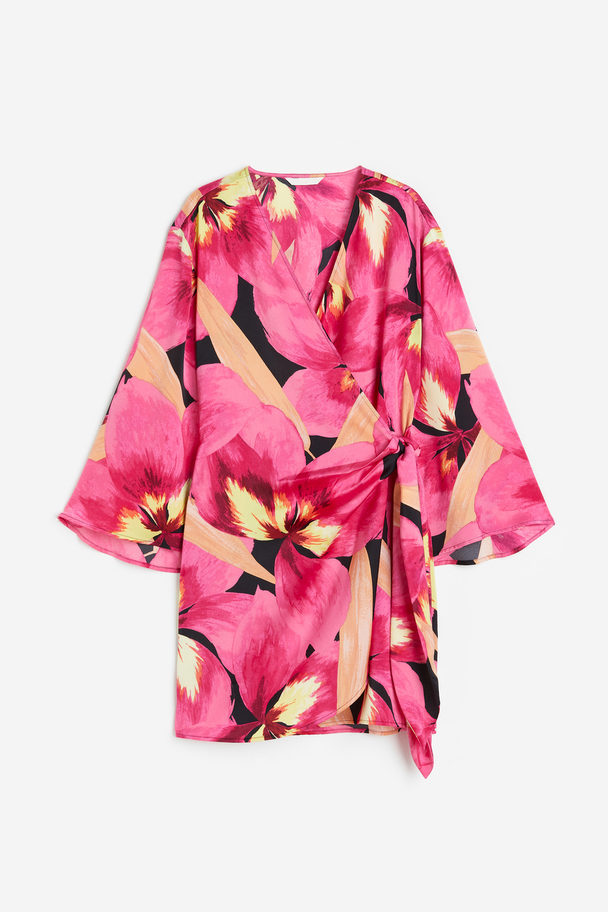 H&M Satin Wrap Dress Cerise/floral