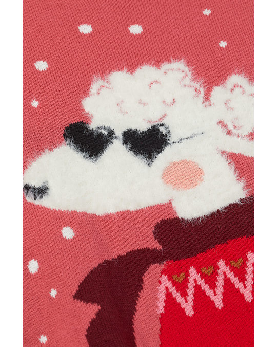 H&M Motif-detail Jumper Light Red/christmas Poodle