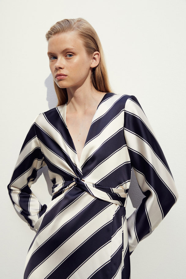 H&M Twist-detail Satin Dress Cream/black Striped