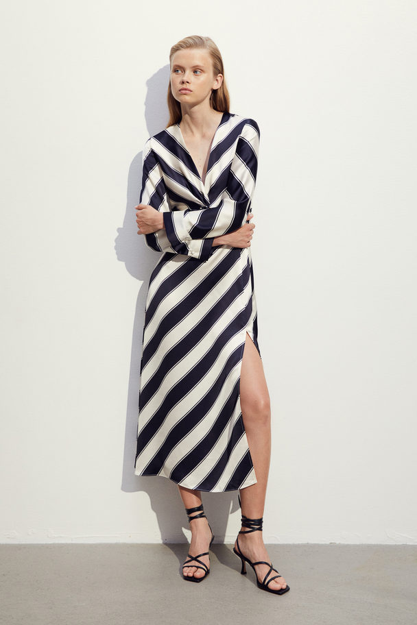 H&M Twist-detail Satin Dress Cream/black Striped