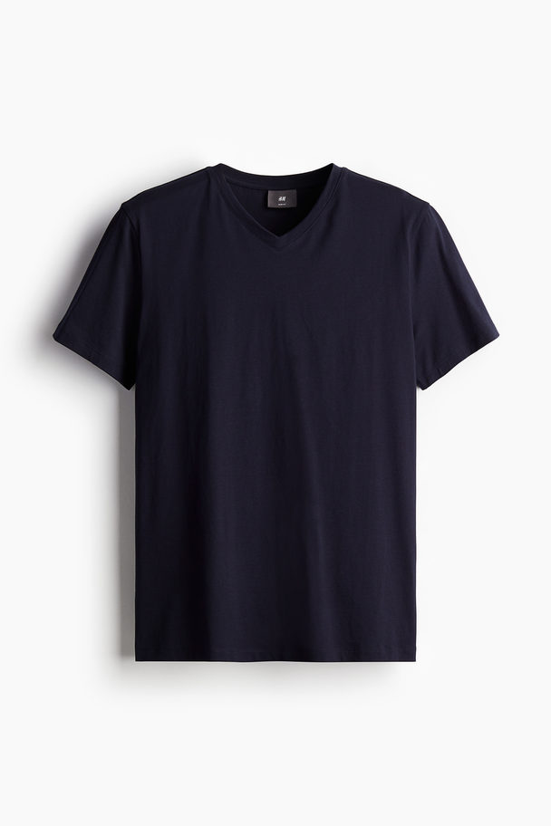 H&M T-shirt Met V-hals - Muscle Fit Marineblauw