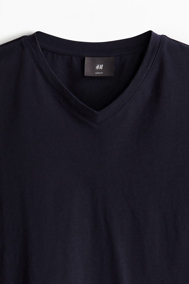 H&M T-shirt Met V-hals - Muscle Fit Marineblauw