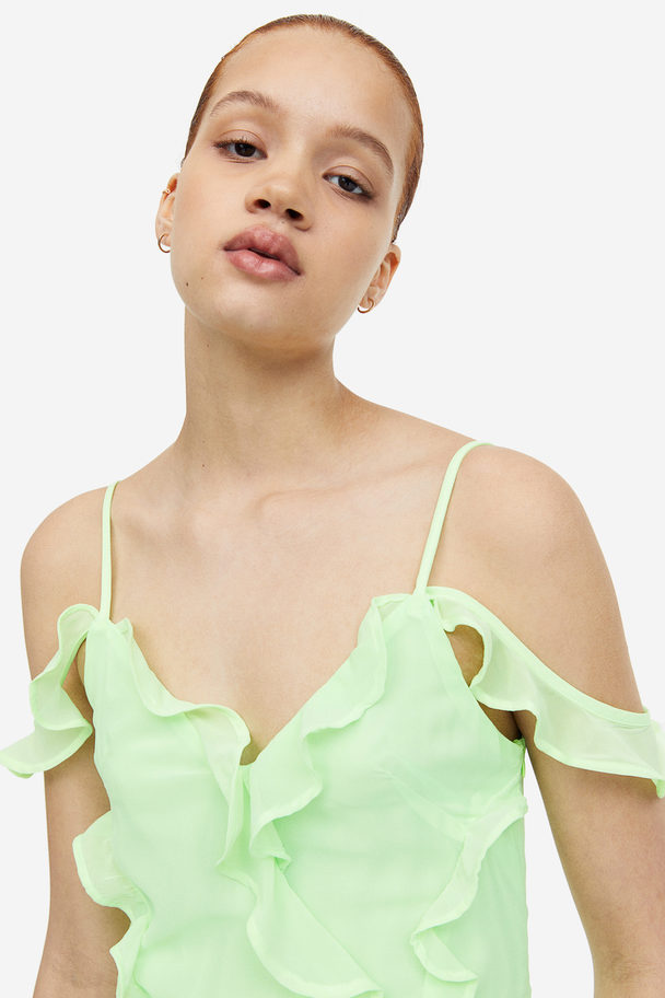 H&M Flounce-trimmed Chiffon Dress Light Green