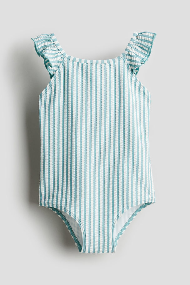 H&M Flounced Swimsuit Turquoise/white-striped