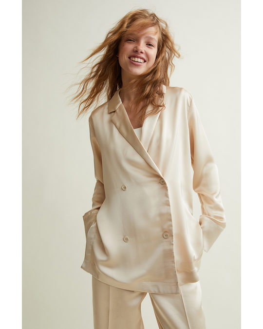 H&M Double-breasted Satin Shirt Light Beige