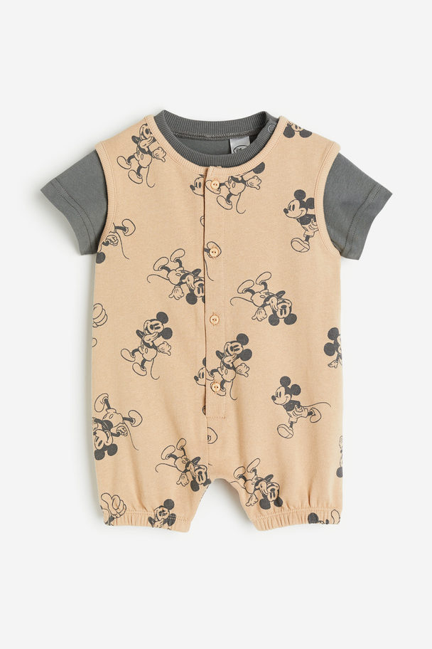 H&M 2-piece Printed Cotton Set Beige/mickey Mouse