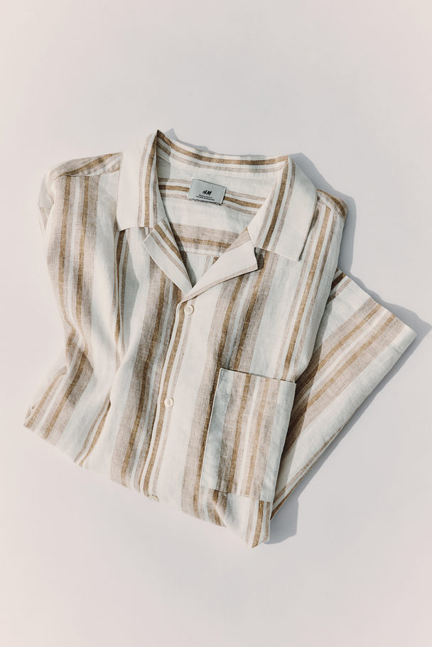 H&M Regular Fit Linen-blend Resort Shirt Beige/striped