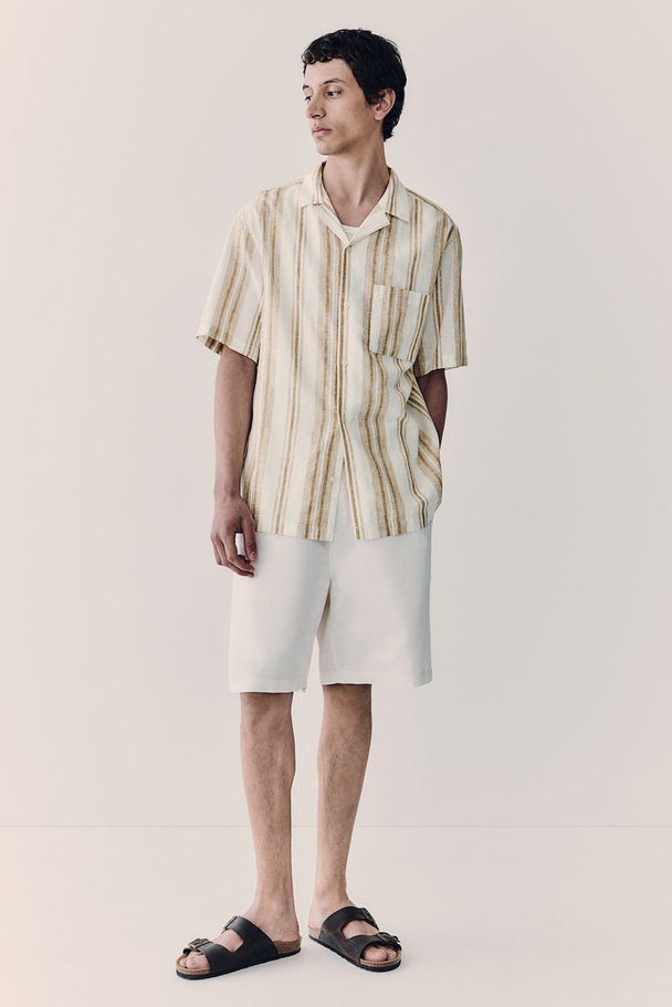 H&M Skjorte I Hørblanding Med Korte Ærmer Regular Fit Beige/stribet