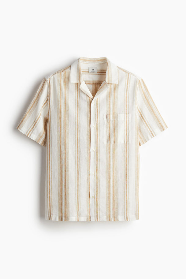 H&M Regular Fit Resortskjorte I Linmiks Beige/stripet