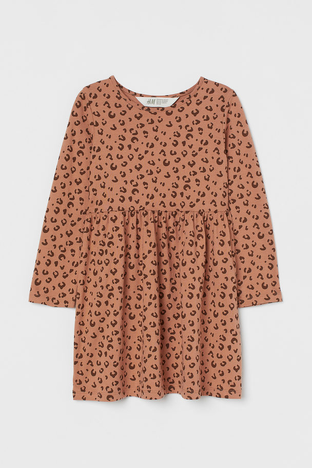 H&M Cotton Jersey Dress Dark Beige-pink/leopard Print