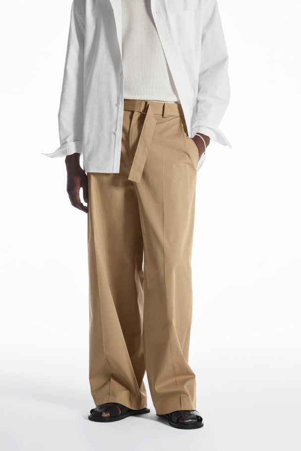 COS Belted Pleated Wide-leg Trousers Beige