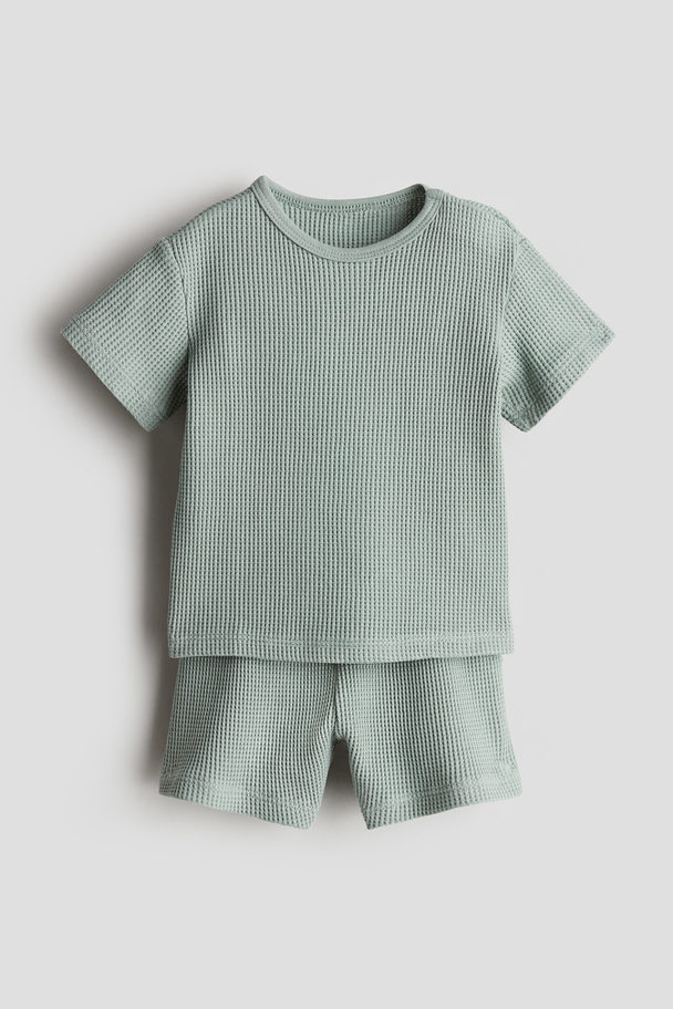 H&M 2-piece Waffled Cotton Set Light Dusty Green