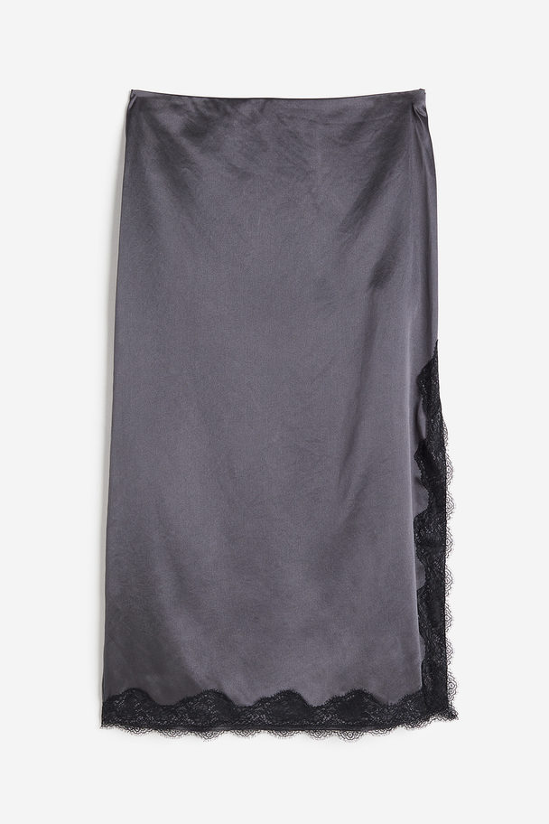 H&M Lace-trimmed Satin Skirt Dark Grey