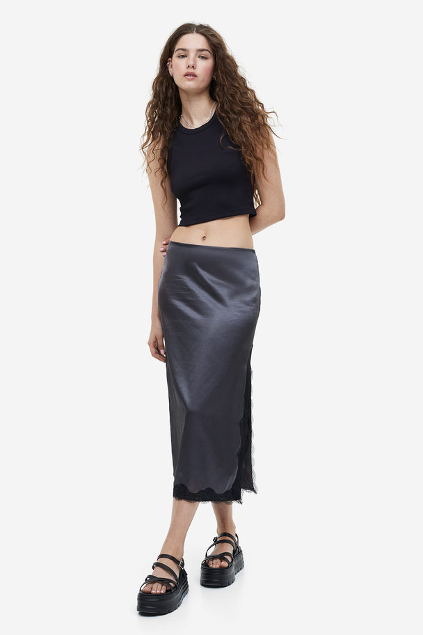 H&M Lace-trimmed Satin Skirt Dark Grey
