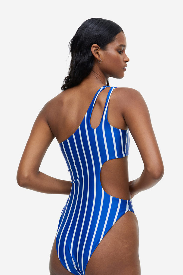 H&M High Leg One-shoulder Swimsuit Bright Blue/striped