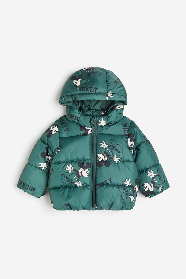 H&M Patterned Puffer Jacket Green/mickey Mouse