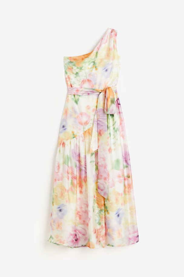 H&M One-shoulderjurk Van Lyocellmix Roomwit/bloemen