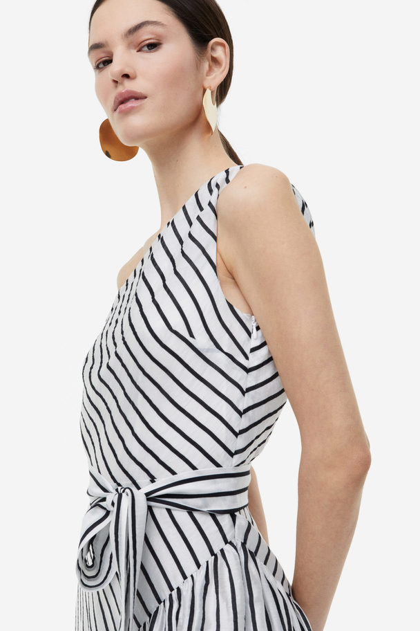 H&M One-Shoulder-Kleid aus Lyocellmix Weiß/Schwarz gestreift
