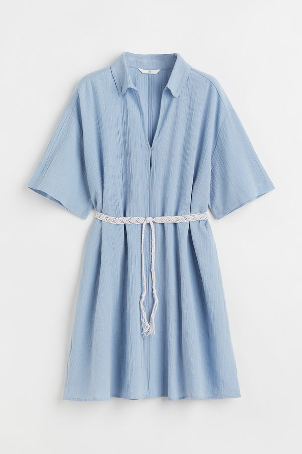 H&M Skjortklänning Med Knytskärp Ljusblå
