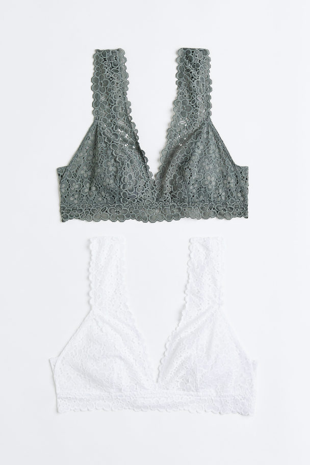 H&M 2-pack Soft Lace Bras Grey-green/white