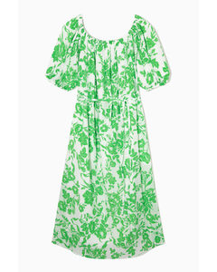 Off-the-shoulder Floral-print Dress Bright Green / White