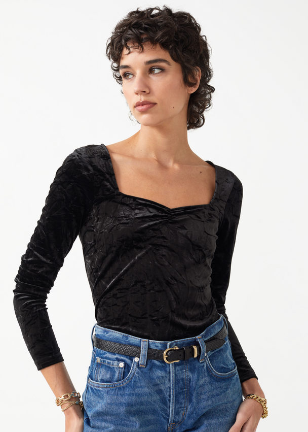 & Other Stories Velvet Sweetheart Ruched Top Black