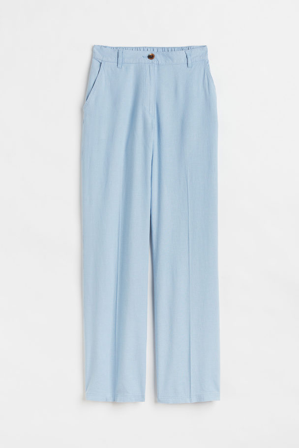H&M Straight Linen-blend Trousers Light Blue