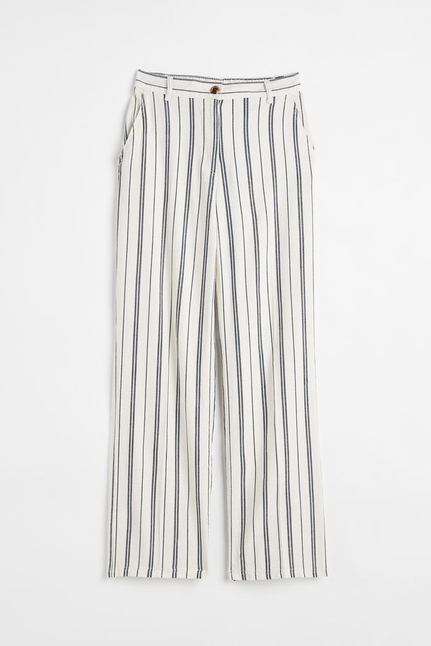 H&M Straight Linen-blend Trousers White/blue Striped