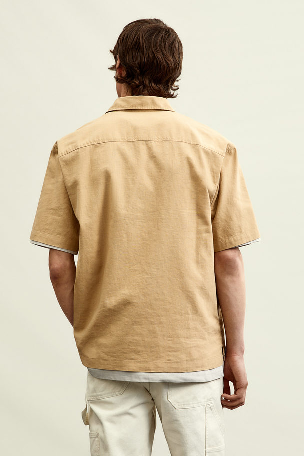 H&M Relaxed Fit Short-sleeved Linen-blend Shirt Mustard Yellow