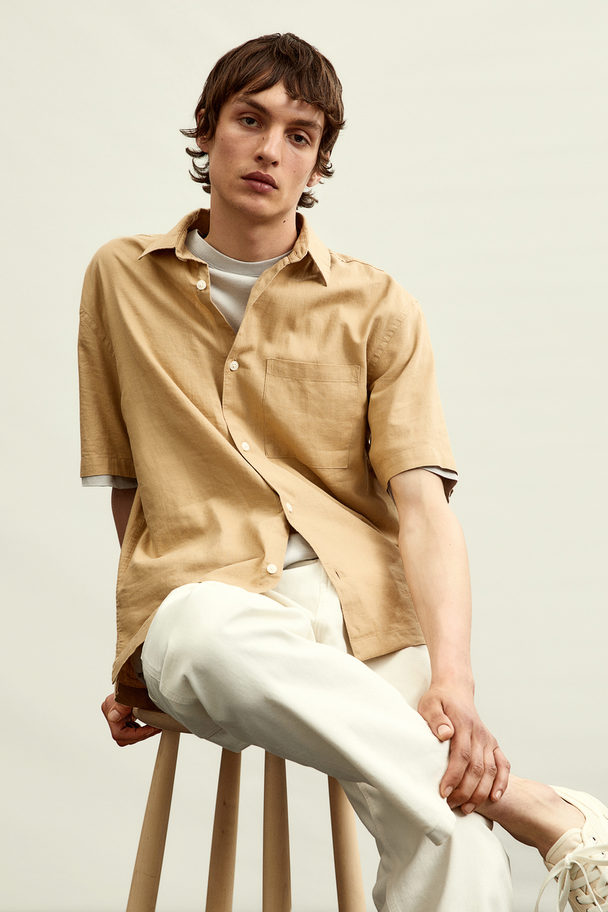 H&M Relaxed Fit Short-sleeved Linen-blend Shirt Mustard Yellow