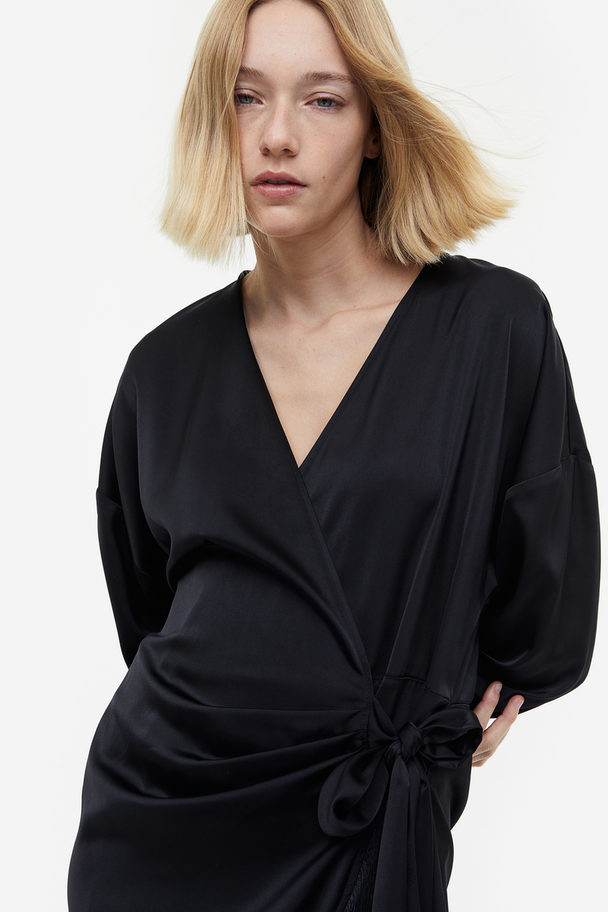 H&M Fringe-trimmed Satin Wrap Dress Black