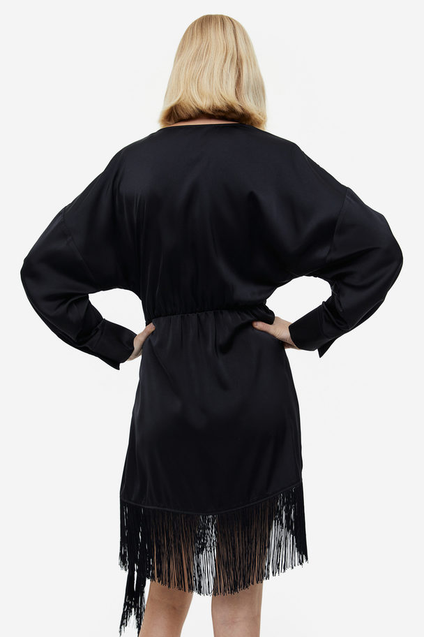 H&M Fringe-trimmed Satin Wrap Dress Black