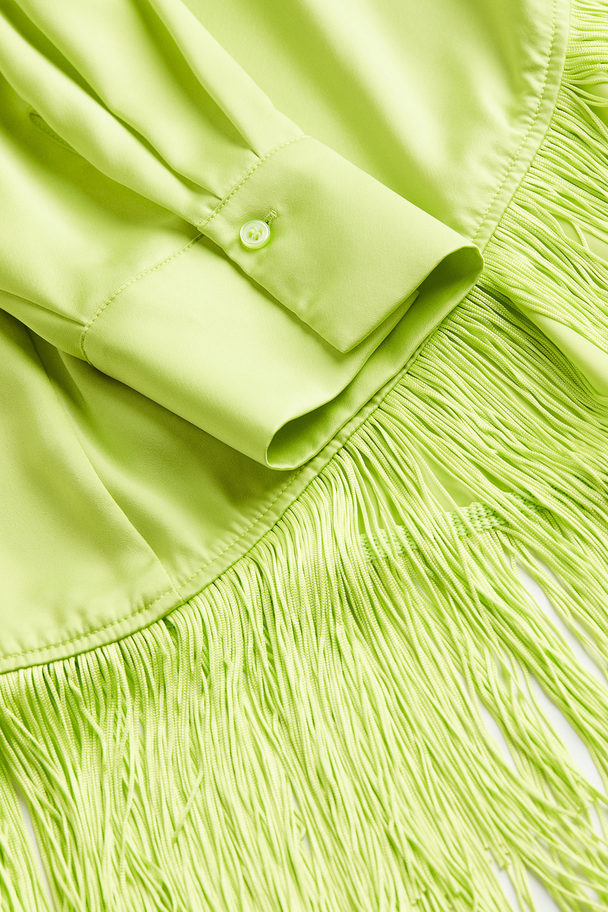H&M Wickelkleid aus Satin mit Fransenbesatz Limegrün