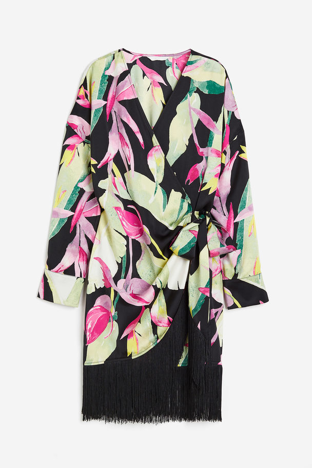 H&M Fringe-trimmed Satin Wrap Dress Black/tropical Flowers