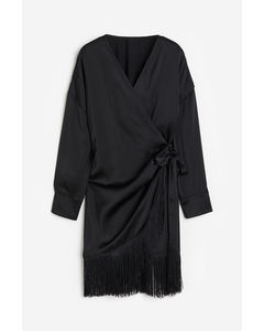 Fringe-trimmed Satin Wrap Dress Black