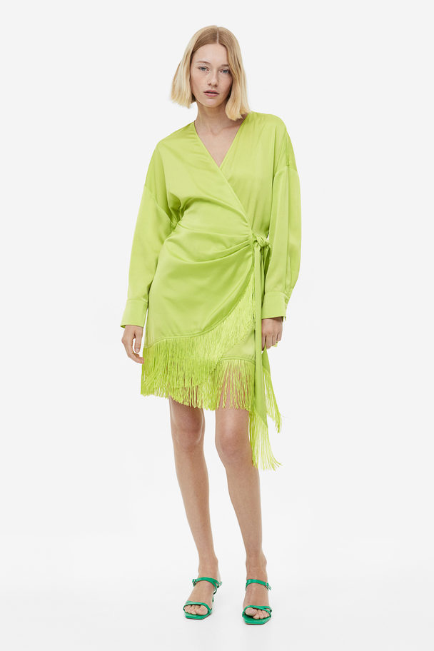 H&M Fringe-trimmed Satin Wrap Dress Lime Green