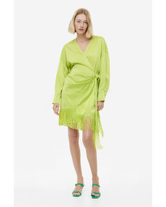Fringe-trimmed Satin Wrap Dress Lime Green