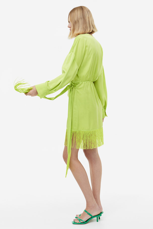 H&M Fringe-trimmed Satin Wrap Dress Lime Green