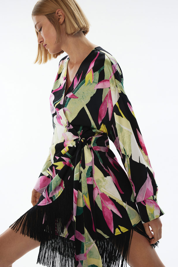 H&M Fringe-trimmed Satin Wrap Dress Black/tropical Flowers