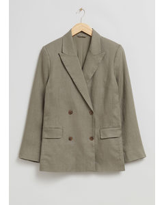 Relaxed Double-breasted Linen Blazer Khaki Green