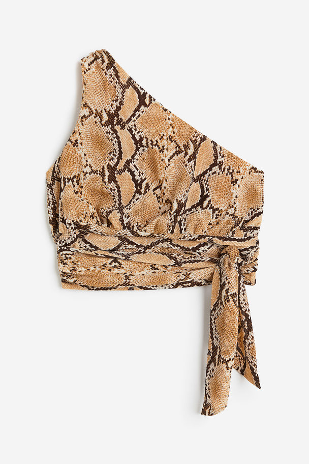 H&M Cropped One-shoulder Top Beige/snakeskin-patterned