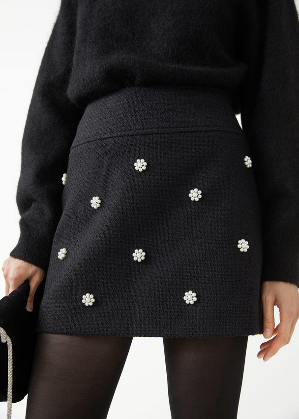 & Other Stories Embroidered Tweed Mini Skirt Black